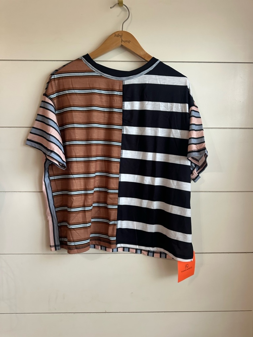 Split-Striped Short Sleeve Tee - Black, White, Brown, Pink